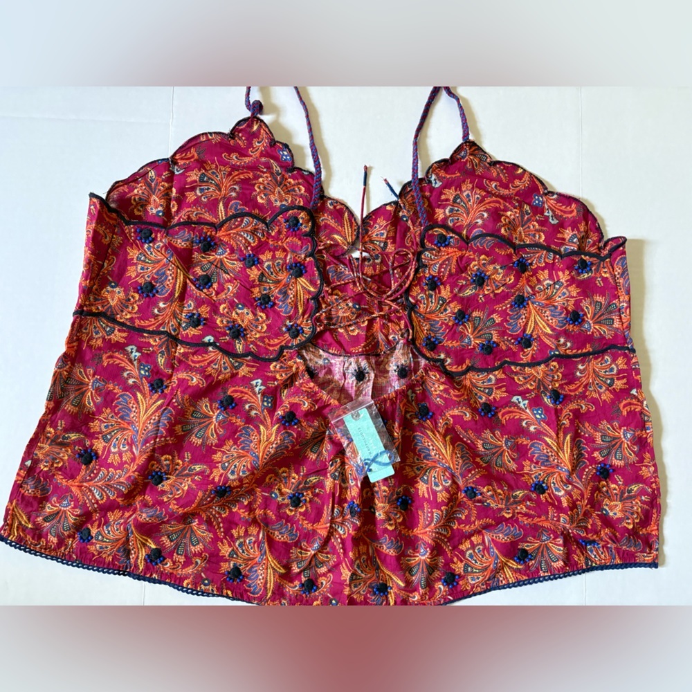 NWT Anthropologie Bare Deco Beaded & Embroidered Babydoll Tank Red Cropped - Picture 6 of 13